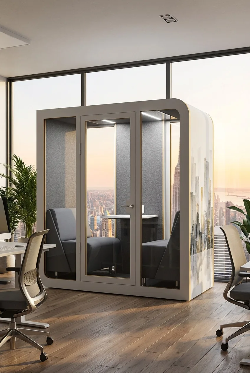 Vergleich: Lautes Großraumbüro ohne Schallschutz und ruhiges Büro mit Akustikkabinen