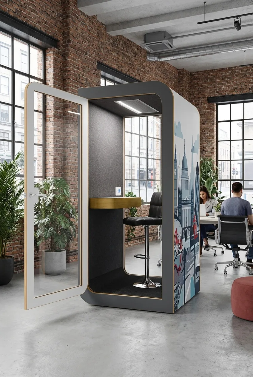 Innenansicht einer Akustikkabine mit Filzwänden und LED-Beleuchtung